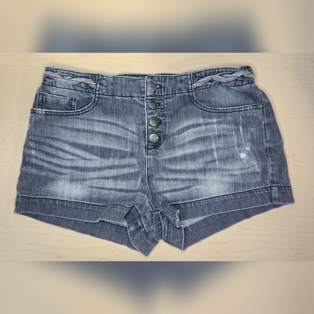 Free People Black Distressed Denim Braided Waist Button Fly Shorts